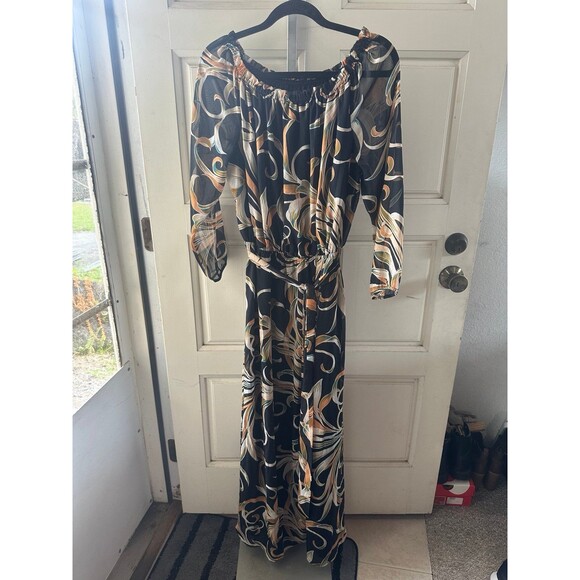 Nine West Tropical Floral Leaves Side Front Slit On Off Shoulder Maxi Dress 14 - Picture 5 of 6